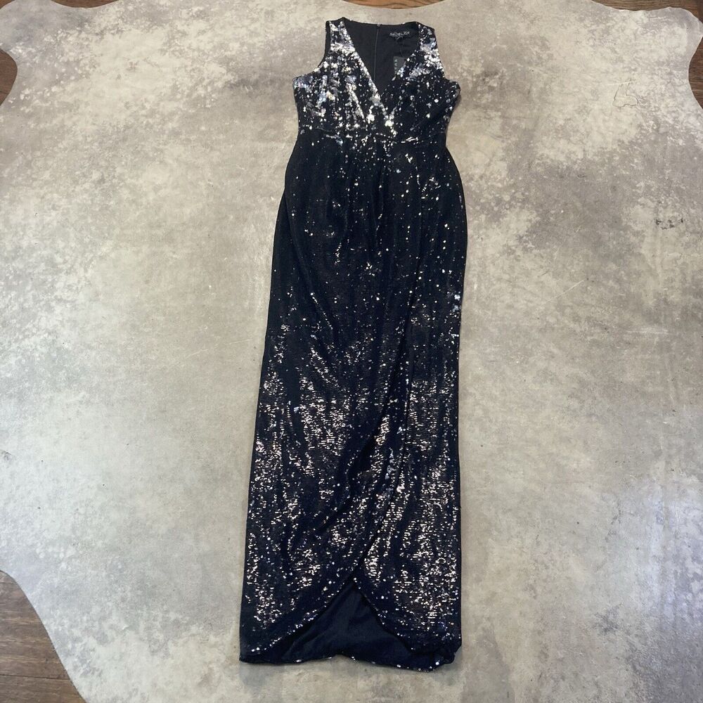 Rachel‎ Zoe Dress Womens 6 Black All Over Sequin Side Slit V Neck Faux Wrap